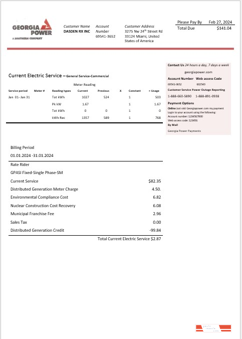 USA Georgia Power business utility bill template in Word and PDF formats, fully editable